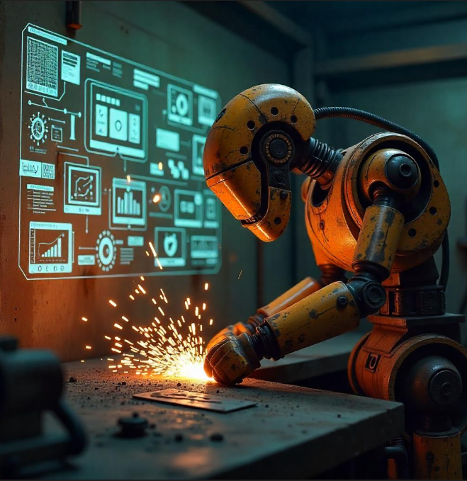 robot is working alongside digital interface elements